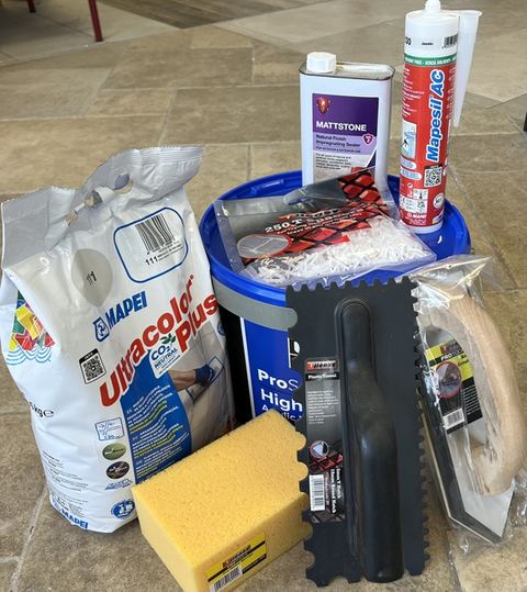 Tile adhesive, grout, sealant and tiling tools